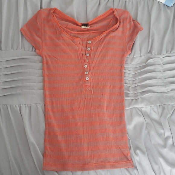 Free People Orange pink-ish striped Henley Tshirt - Picture 1 of 3
